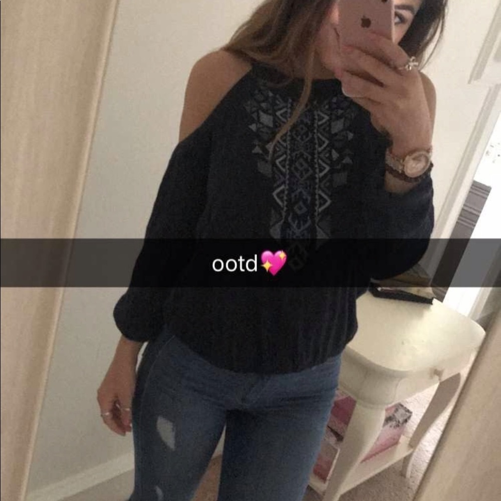 blue open shoulder top